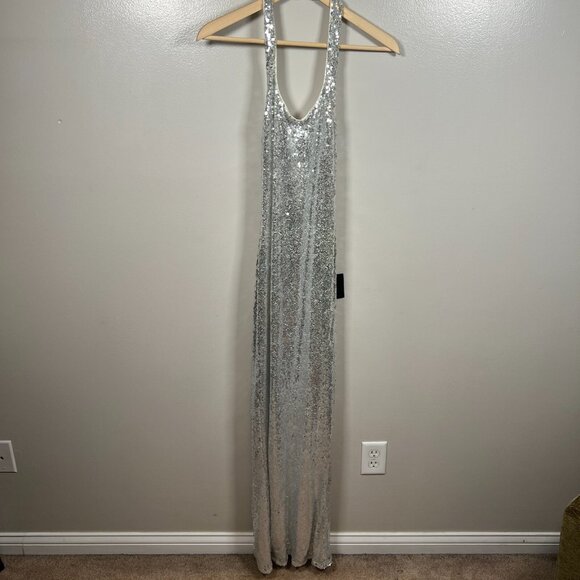 Lulu's Sequin Halter Maxi Dress Size Medium Silver Formal Wedding Event Glam - Picture 1 of 13